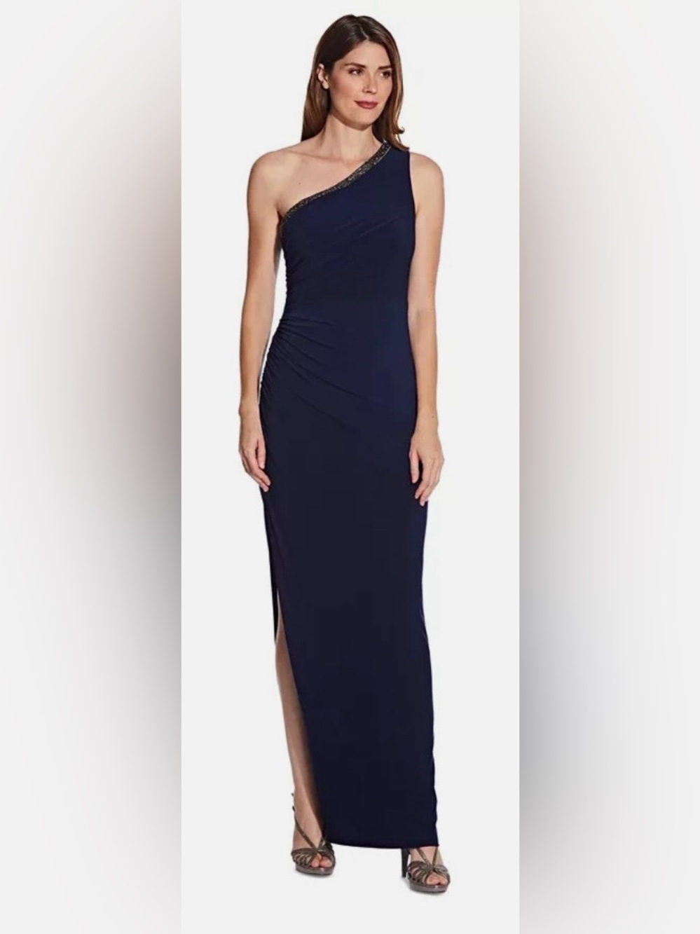 NWT Adrianna Papell Embellished One Shoulder Jersey Gown Midnight Blue Size 16 - Picture 2 of 8